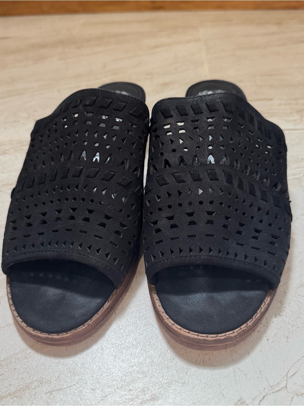 Vince Camuto Black Laser-Cut Slide Sandals